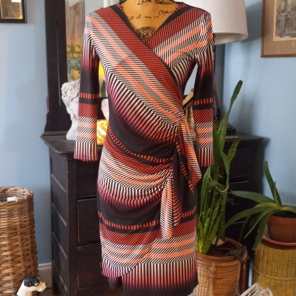 New York & Company Multicolored Stripe Ruffled Stretch Faux Wrap Dress
